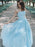 Light Blue A Line Strapless Lace Appliques Long Prom Dresses, Light Blue Lace Formal Dresses, Lace Blue Evening Dresses