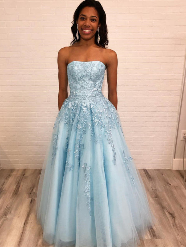 Strapless A Line Blue Satin Appliques Prom Dress LBQ3109 main image 1