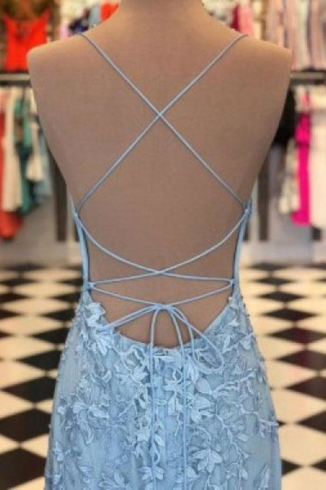 Light Blue Appliques Spaghetti Straps Lace-Up Mermaid Prom Dress - Prom Dresses