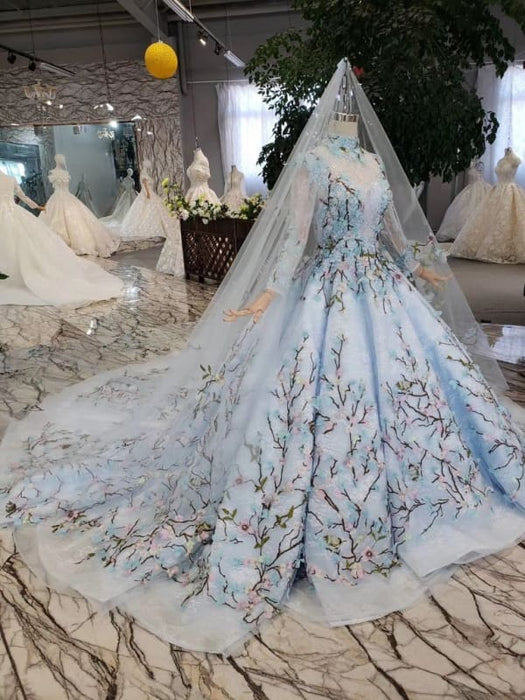 Light Blue Ball Gown Wedding with Lace Flowers Beading Quinceanera Dresses - Prom Dresses