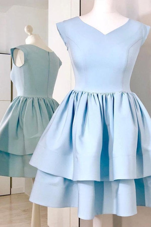 Light Blue Cap Sleeve Homecoming Two Layers V Neck Short Party Dress - Prom Dresses