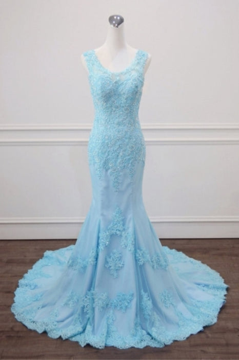 Light Blue Lace Beaded Mermaid Appliques Senior Prom Dress - Prom Dresses