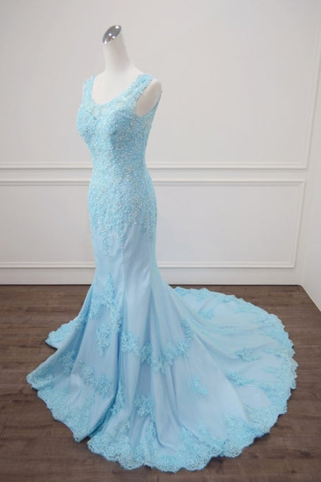 Light Blue Lace Beaded Mermaid Appliques Senior Prom Dress - Prom Dresses