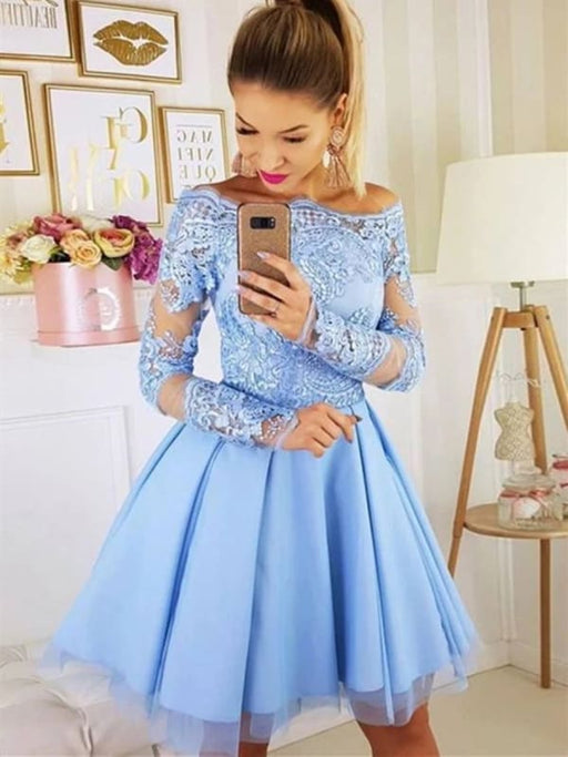 Light Blue Long Sleeves Lace Short Prom Homecoming, Long Sleeves Lace Bridelily Light Blue Long Sleeves Lace Short Prom Homecoming, Long Sleeves Lace Bridelily
