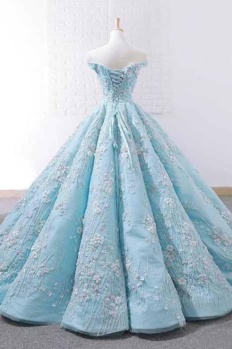 Light Blue Off Shoulder Ball Gown Prom Gorgeous Lace Appliques Quinceanrea Dress - Prom Dresses