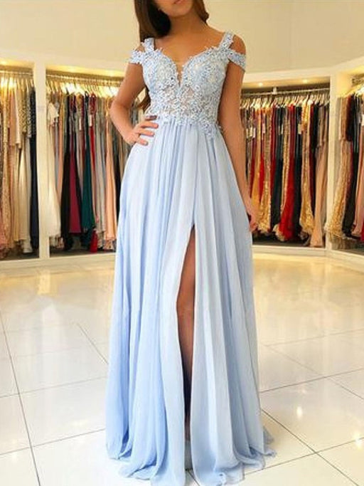 Light Blue Off Shoulder Lace Tulle Long Prom Dresses with Leg Slit, Light Blue Lace Graduation Formal Evening Dresses