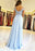Light Blue Off Shoulder Lace Tulle Long Prom Dresses with Leg Slit, Light Blue Lace Graduation Formal Evening Dresses