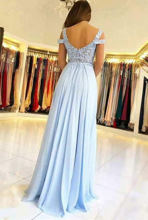 Light Blue Off Shoulder Lace Tulle Long Prom Dresses with Leg Slit, Light Blue Lace Graduation Formal Evening Dresses