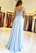 Light Blue Off Shoulder Lace Tulle Long Prom Dresses with Leg Slit, Light Blue Lace Graduation Formal Evening Dresses