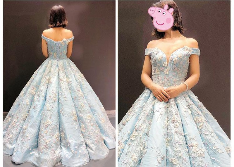 Light Blue Off the Shoulder Ball Gown Quinceanera Dress Senior Lace Prom Dresses - Prom Dresses