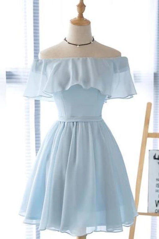 Light Blue Off the Shoulder Chiffon Homecoming Cute Short Graduation Dress - Prom Dresses