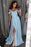 Light Blue Off the Shoulder Prom Dress with Side Slit A Line Long Formal Dresses - Prom Dresses