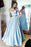 Light Blue Off the Shoulder Satin Prom with Beading Cheap Long Formal Dress - Prom Dresses