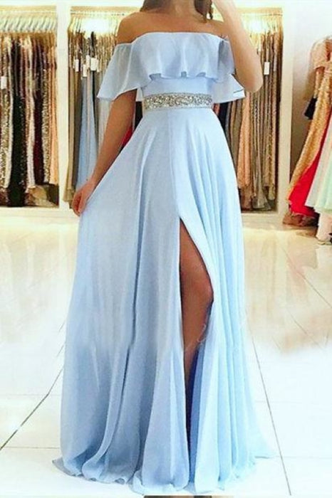 Light Blue Off the Shoulder Split Prom Dress with Beading Waist Flowy Party Dresses - Prom Dresses