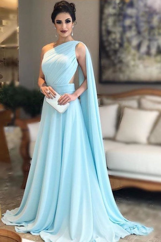 Light Blue One Shoulder Chiffon Formal Dresses Pleats Sheer Illusion Back Prom Gown - Prom Dresses