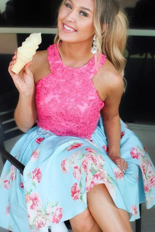 Light Blue Short Homecoming Dress with Hot Pink Lace Top Knee Length Prom Gown - Prom Dresses