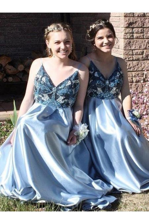 Light Blue Spaghetti Strap Beaded Satin Prom Sparkly Beading Bridesmaid Dress - Prom Dresses