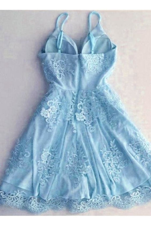 Light Blue Spaghetti Strap Lace Appliqued Short Homecoming Dresses Sexy Mini Prom Dress - Prom Dresses