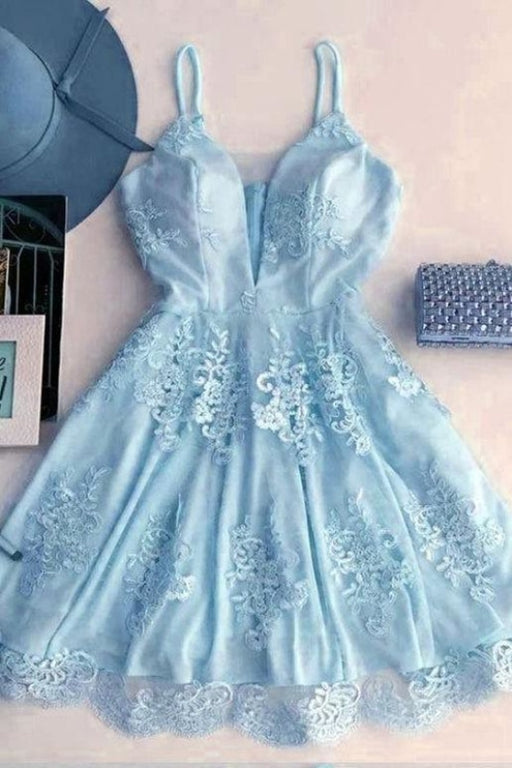 Light Blue Spaghetti Strap Lace Appliqued Short Homecoming Dresses Sexy Mini Prom Dress - Prom Dresses