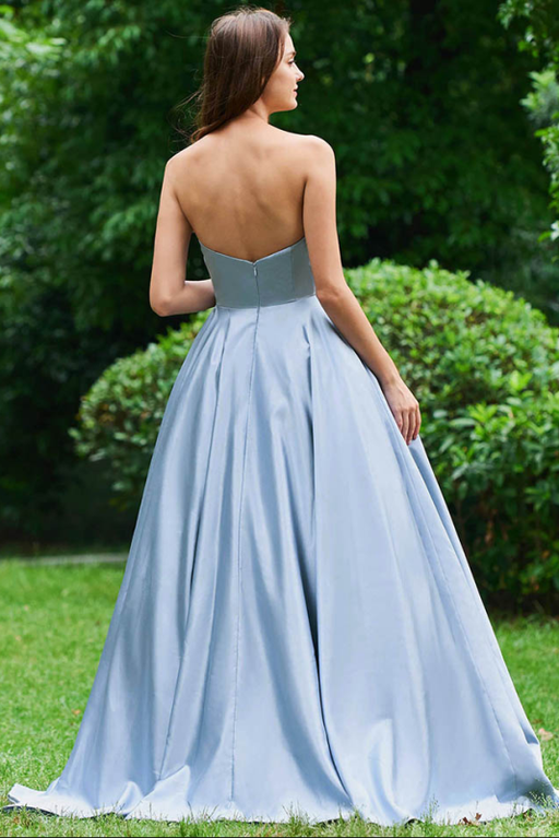 Light Blue Strapless Long Prom Appliques A Line Cheap Formal Dress with Beads - Prom Dresses