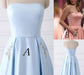 Light Blue Strapless Satin Floor-length Prom Dress With Beaded Pockets Lace Up Back - Prom Dresses