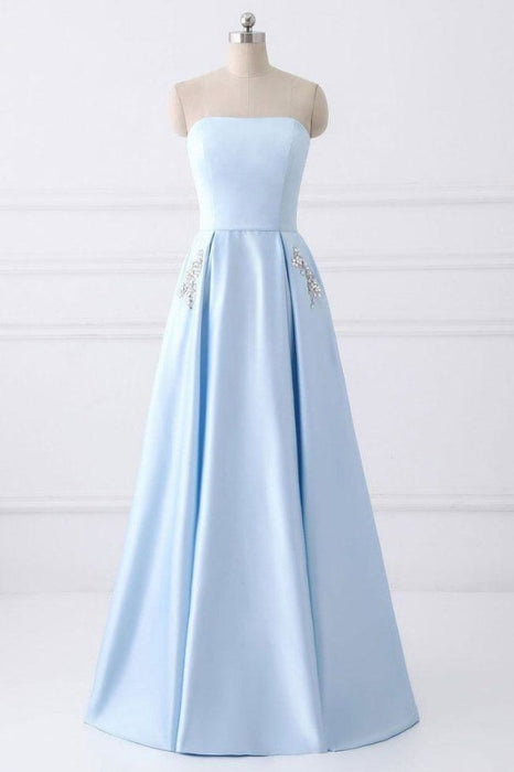 Light Blue Strapless Satin Floor-length Prom Dress With Beaded Pockets Lace Up Back - Prom Dresses