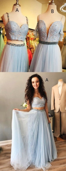 Light Blue Straps Mismatched Lace Tulle Prom Dresses Floor Length Evening Dress with Beads - Prom Dresses