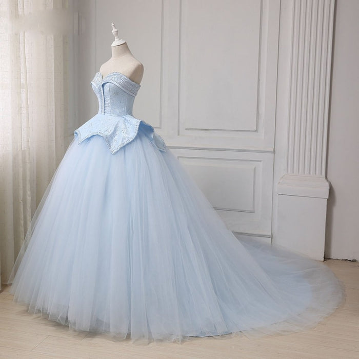 Light Blue Sweetheart Ball Gown Beading Tulle Prom Sweep Train Quinceanera Dress - Prom Dresses