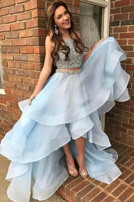 Light Blue Two Piece Beading High Low Prom Dresses Sparkly Sleeveless Evening Dress - Prom Dresses