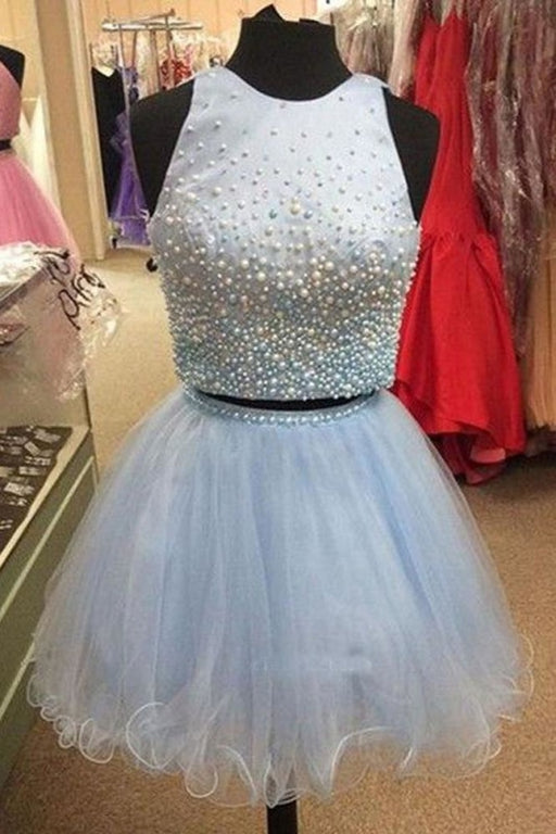 Light Blue Two Piece Homecoming with Beading Cute Tulle Short Party Dress - Prom Dresses