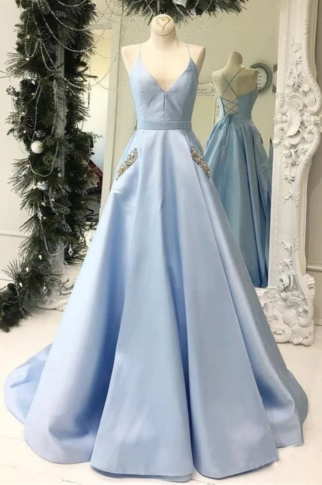 Light Blue V Neck Floor Length Satin Prom with Pockets Cheap Long Formal Dress - Prom Dresses