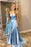 Light Blue V Neck Simple Prom Gown A Line Sleeveless Formal Dress with Train - Prom Dresses