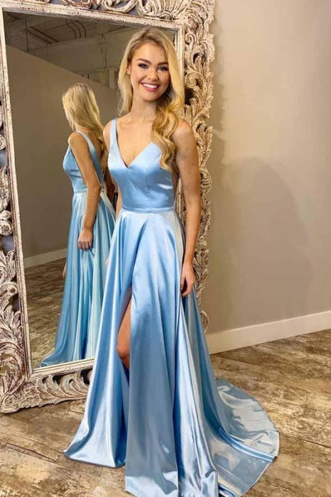 Light Blue V Neck Simple Prom Gown A Line Sleeveless Formal Dress with Train - Prom Dresses