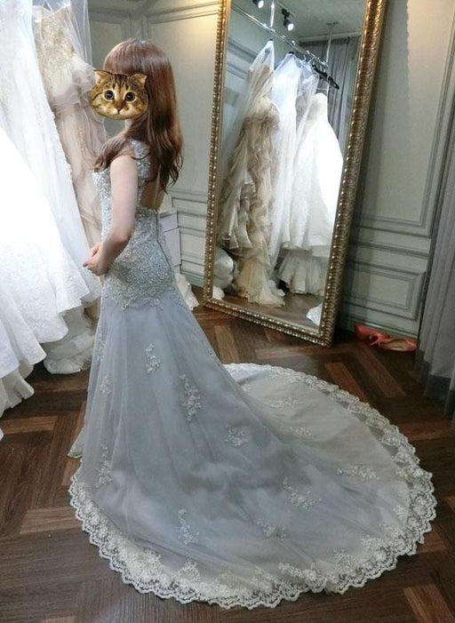 Light Gray Cap Sleeveless Lace Appliques Open Back Prom Dress with Beads - Prom Dresses