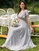 Light Grey Prom Dress A-Line V-Neck Lace Short Sleeves Chiffon Lace Long Party Dresses