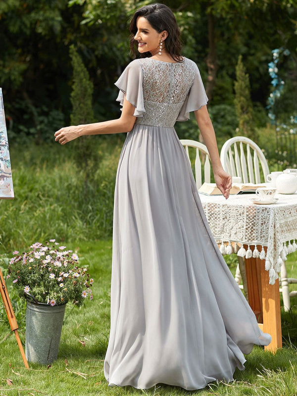 Light Grey Prom Dress A-Line V-Neck Lace Short Sleeves Chiffon Lace Lo Bridelily Light Grey Prom Dress A-Line V-Neck Lace Short Sleeves Chiffon Lace Lo Bridelily