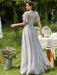 Light Grey Prom Dress A-Line V-Neck Lace Short Sleeves Chiffon Lace Long Party Dresses