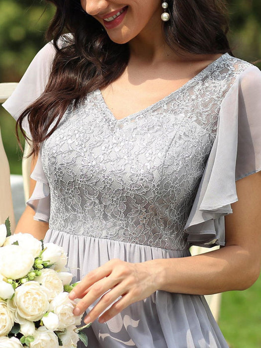 Light Grey Prom Dress A-Line V-Neck Lace Short Sleeves Chiffon Lace Long Party Dresses