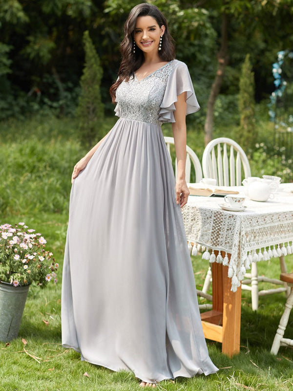 Light Grey Prom Dress A-Line V-Neck Lace Short Sleeves Chiffon Lace Lo Bridelily Light Grey Prom Dress A-Line V-Neck Lace Short Sleeves Chiffon Lace Lo Bridelily
