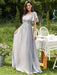 Light Grey Prom Dress A-Line V-Neck Lace Short Sleeves Chiffon Lace Long Party Dresses