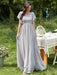 Light Grey Prom Dress A-Line V-Neck Lace Short Sleeves Chiffon Lace Long Party Dresses