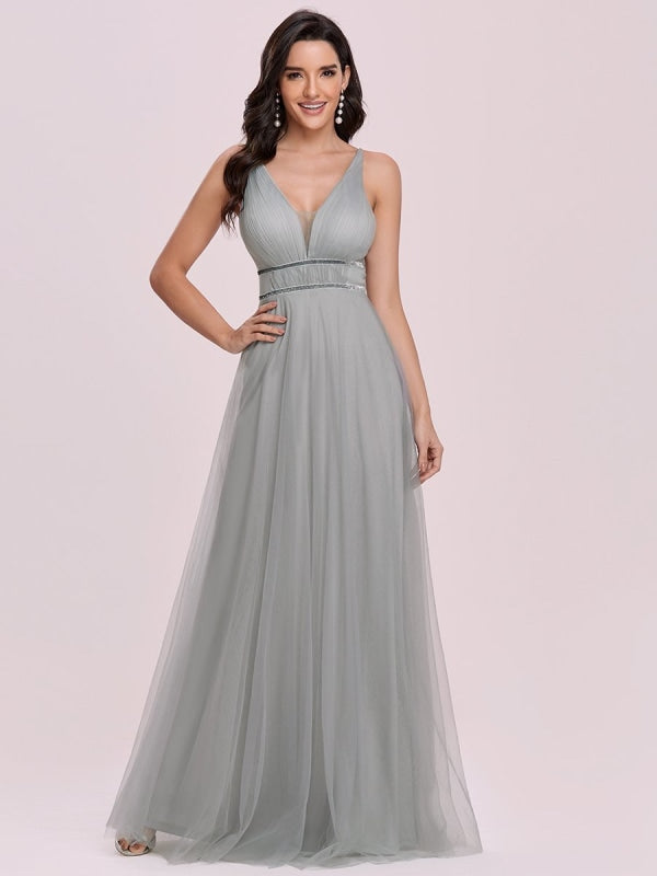 Light Grey Prom Dress A-Line V-Neck Tulle Sleeveless Sash Long Wedding Guest Dresses