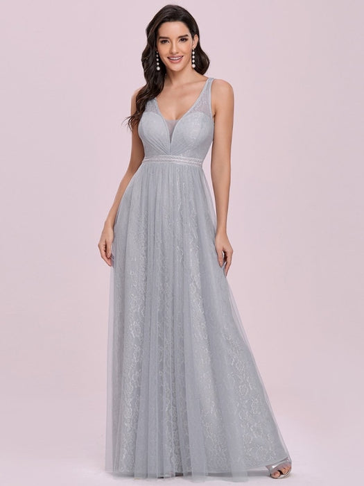 Light Grey Prom Dress V-Neck A-Line Sleeveless Sash Lace Tulle Floor-Length Evening Dresses