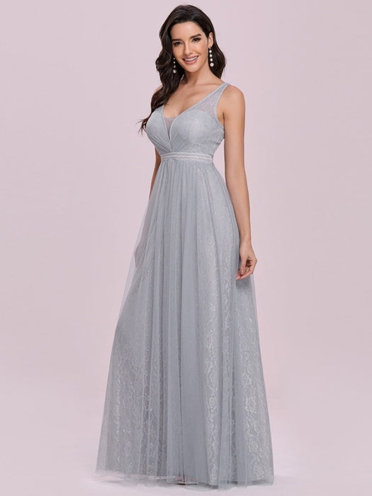 Light Grey Prom Dress V-Neck A-Line Sleeveless Sash Lace Tulle Floor-Length Evening Dresses