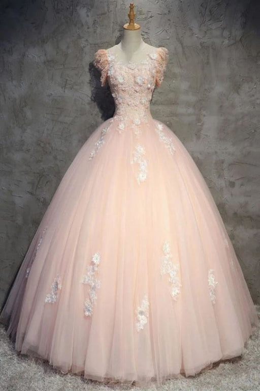 Light Peach Tulle Long Prom with Flowers Princess Ball Gown Sheer Neck Party Dress - Prom Dresses