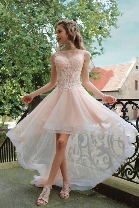 Light Pink High Low Sleeveless Tulle Prom Dress with Lace Cute Hi Lo Party Dresses - Prom Dresses