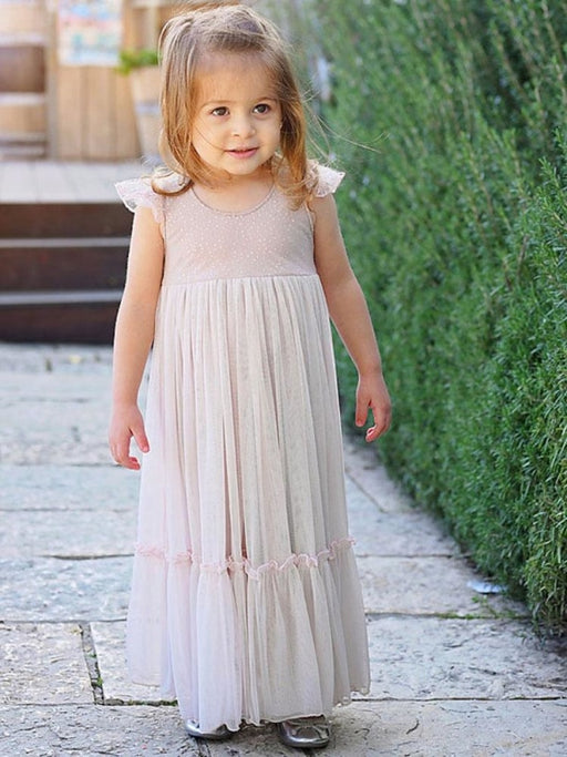 Light Pink Flower Girl Dresses Jewel Neck Polyester Sleeveless Ankle-Length A-Line Lace Kids Party Dresses