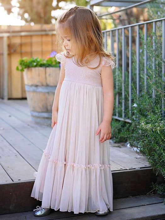 Light Pink Kids Party Dresses Sleeveless A-Line Lace Flower Girl