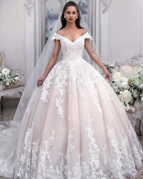 Light Pink Off the Shoulder Ball Gown Tulle with Appliques Wedding Dress - Wedding Dresses