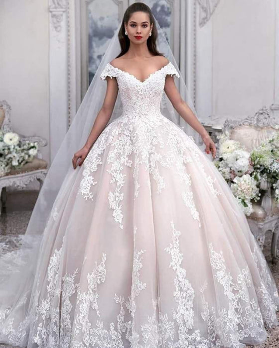 Light Pink Off Shoulder Ball Gown Wedding Dress Tulle A-Line -Bridelily Light Pink Off Shoulder Ball Gown Wedding Dress Tulle A-Line -Bridelily